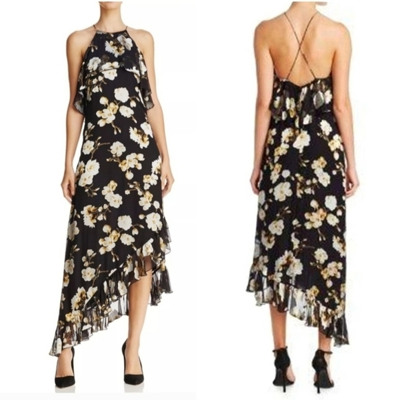 Alice + Olivia Fabiola Black Silk Blend Floral Asymmetric Dress Women's Size 8 - Picture 1 of 16